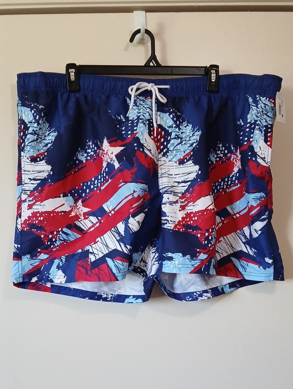 Men's Navy Swim Trunks with Red & Light Blue Abstract Print